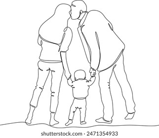 Linear drawing of a happy young family, father, mother and child walking holding hands. Without artificial intelligence
