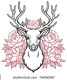 Linear drawing of the head of a young horned deer, openwork red flowers. Vector illustration isolated on a white background. Print, potser, t-shirt, card.
