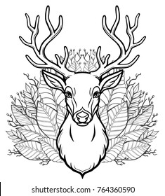 Linear drawing of the head of a young horned deer, bouquet of leaves. Vector illustration isolated on a white background. Print, potser, t-shirt, card.