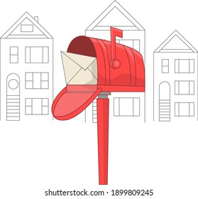 Linear drawing of houses and a mailbox. Red mailbox. Advertising in envelopes. Community bills