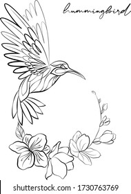 Dibujo lineal de un colibrí para un tatuaje. Colibrí y ramita con flores. Un pájaro pequeño cerca de las flores. Hermosas flores de lirio. Esbozo de un pájaro en una línea. Pequeña ave exótica