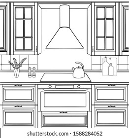 linear drawing of the interior of the kitchen - vector