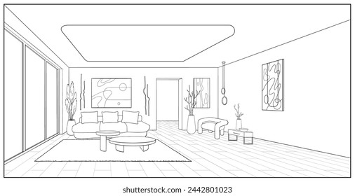 Dibujo lineal del interior de un salón. Diseño interior y decoración de la casa. Dibujo a mano contorno ilustración vectorial muebles para el hogar, decoración, sofá moderno, silla, mesa, alfombra, jarrón.