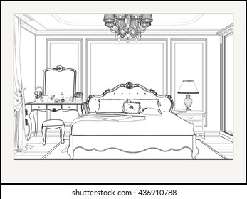 Linear drawing interior perspective. Nice bedroom in a classic style. Vector illustration