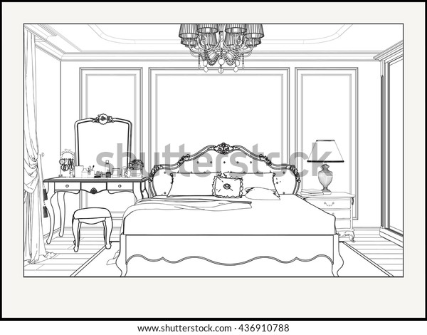 Linear Drawing Interior Perspective Nice Bedroom Stock