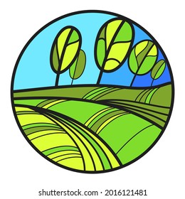 Linear drawing of landscape with trees in a shape of circle template for emblem or logo vector design isolated, beautiful garden monogram badge.
