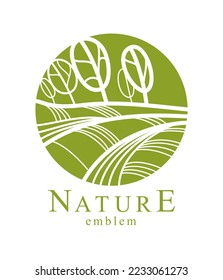 Linear drawing of landscape with trees in a shape of circle template for emblem or logo vector design isolated, beautiful garden monogram badge.