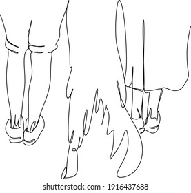A linear drawing of the legs of a happy couple in love and their dog.