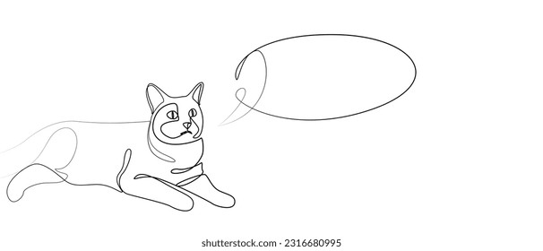 Linear drawing of a lying cat with a cloud for text. Outline drawing of a domestic cat. Banner for advertising a pet store