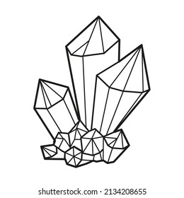 Linear drawing magic big and small crystals of quartz for coloring page on a white background