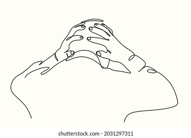 A linear drawing of a man from the back and hands holding his head. The concept of bad mood, mental health, the concept of psychology.