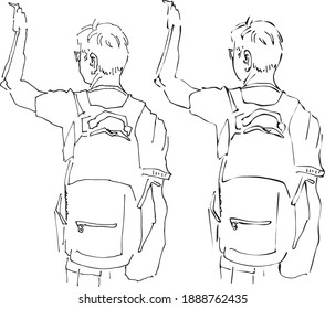 Dibujo lineal de un hombre con una vista posterior dibujada a mano en la mochila. Cartel publicitario social de turistas, abuelo, ancianos. Plantilla para turismo, viajes, aprendizaje, vacaciones con la familia
