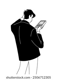 Linear drawing, man with a thoughtful expression calculating on a calculator. Vector illustration