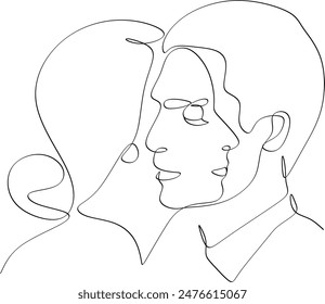 Linear drawing of a man and woman kissing. Abstract portrait of a man and woman in a minimalist style. Without artificial intelligence