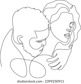 Linear drawing of a man and woman in love. Minimalist modern illustration card for Valentine's Day. Wedding logo. Without piece intelligence