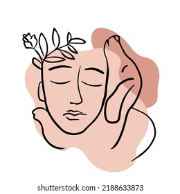 Linear drawing of a man's face with a dog. The picture is vector isolated on a white background