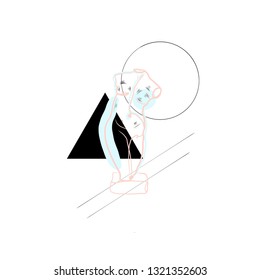 Linear drawing of marble statue of female figure with geometric shapes - lines, circle, triangle. 