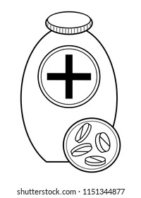 Linear drawing of a medical bottle with medicine and tablets. isolated white. Vector