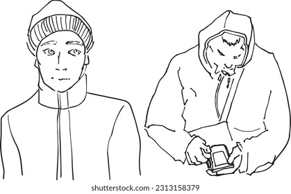 Dibujo lineal de hombres conjunto de ilustraciones silueta de contorno negro dibujado a mano de hombre gordo en chaqueta mirando el juego de juego del teléfono. Hombre modesto y atractivo en sombrero de punto de invierno