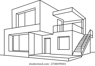 Linear drawing of a modern house with architectural details and stairs