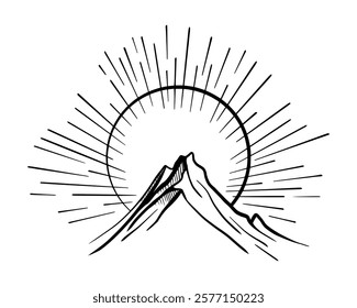 Desenho linear montanhas, Sunrise e ilustração do pôr do sol. Paisagem em linha com rocha de montanha. Camping aventura natureza. Correção de crachá, ilustração gráfica de pino em estilos monolínicos