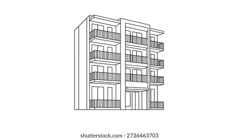 Linear drawing of a multi story building with balconies silhouette