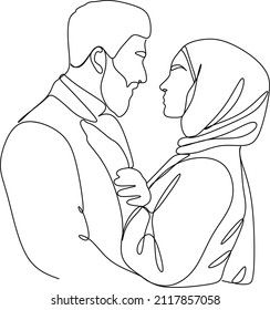 Linear drawing of a Muslim couple. Woman, muslim, isolated, man, couple, groom.