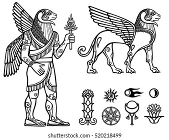 Linear drawing: a mythical animal a winged ram in an image of an animal and in an image of the person (centaur). Set of space symbols. Vector monochrome illustration. Be used for coloring book.