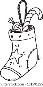Linear drawing of a New Year's boot with sweets on a white background in cartoon style. Coloring book for children and adults for the New Year