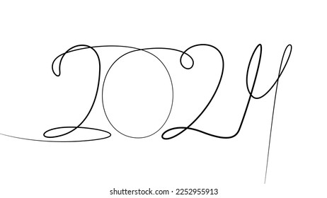 Linear drawing of numbers 2024. New year. One continuous line drawing of the inscription 2024