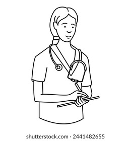 Linear drawing of a nurse with a tablet in her hands and a stethoscope on her neck. Minimalistic medical illustration