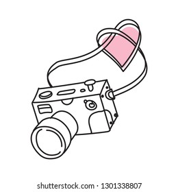 Linear drawing of an old camera with a strap, folded in the form of a heart to the world day of photography