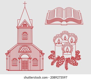Dibujo lineal sobre un tema cristiano de fondo blanco. Iglesia, biblia, velas.