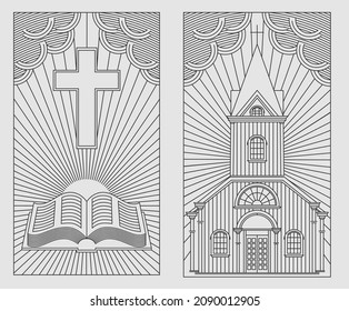 Linear drawing on a Christian theme on a white background. Church, bible, candles.