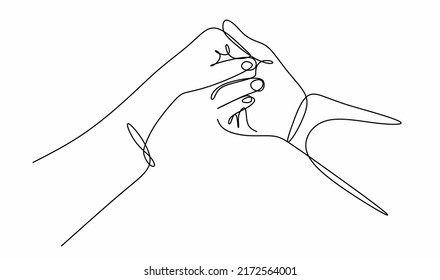un dibujo lineal de una línea de la mano de un hombre en la mano de una mujer es un símbolo de asociación y conexión. Un signo de amor con un gesto de mano resaltado en un fondo blanco. Diseño minimalista de vectores