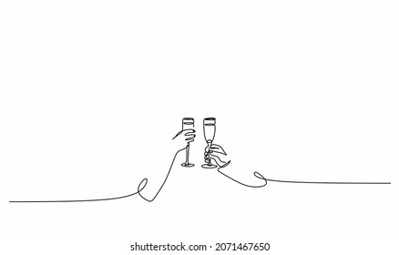 linear drawing with one line of a young couple with glasses of wine in the style of minimalism