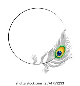linear drawing of a peacock feather in the form of a round frame on a white background. An elegant exotic frame for messages or greetings. stock vector illustration.EPS 10.
