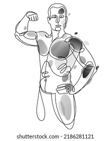 Linear drawing of a perfect body fit model man posing vector illustration isolated, muscular macho sexy guy with naked torso topless.