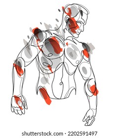 Linear drawing of a perfect body fit model man posing vector illustration isolated, muscular macho sexy guy with naked torso topless.