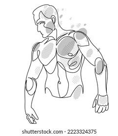 Lineare Zeichnung eines perfekten Models, der Vektorgrafik-einzelne, muskulöse Macho-sexy Mann mit nacktem Torso oben ohne.