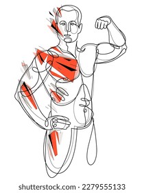 Linear drawing of a perfect body fit model man posing vector illustration isolated, muscular macho sexy guy with naked torso topless.