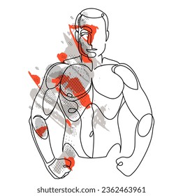 Dibujo lineal de un hombre modelo de ajuste corporal perfecto posando ilustración vectorial aislado, macho muscular sexy con torso desnudo topless.