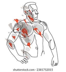 Dibujo lineal de un hombre modelo de ajuste corporal perfecto posando ilustración vectorial aislado, macho muscular sexy con torso desnudo topless.