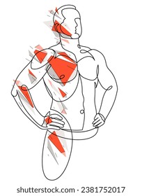 Lineare Zeichnung eines perfekten Models, der Vektorgrafik-einzelne, muskulöse Macho-sexy Mann mit nacktem Torso oben ohne.