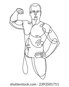 Linear drawing of a perfect body fit model man posing vector illustration isolated, muscular macho sexy guy with naked torso topless.
