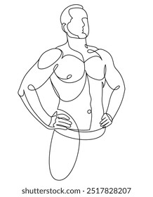 Lineare Zeichnung eines perfekten Body Fit Modell Mann posiert Vektorgrafik isoliert, muskulösen Macho sexy Kerl mit nacktem Oberkörper oben ohne.