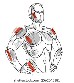 Linear drawing of a perfect body fit model man posing vector illustration isolated, muscular macho sexy guy with naked torso topless.