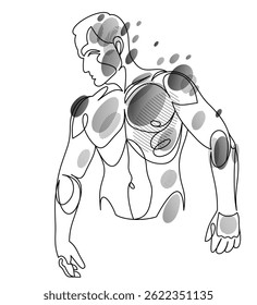 Lineare Zeichnung eines perfekten Body Fit Modell Mann posiert Vektorgrafik isoliert, muskulösen Macho sexy Kerl mit nacktem Oberkörper oben ohne.