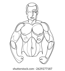 Linear drawing of a perfect body fit model man posing vector illustration isolated, muscular macho sexy guy with naked torso topless.