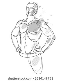 Linear drawing of a perfect body fit model man posing vector illustration isolated, muscular macho sexy guy with naked torso topless.